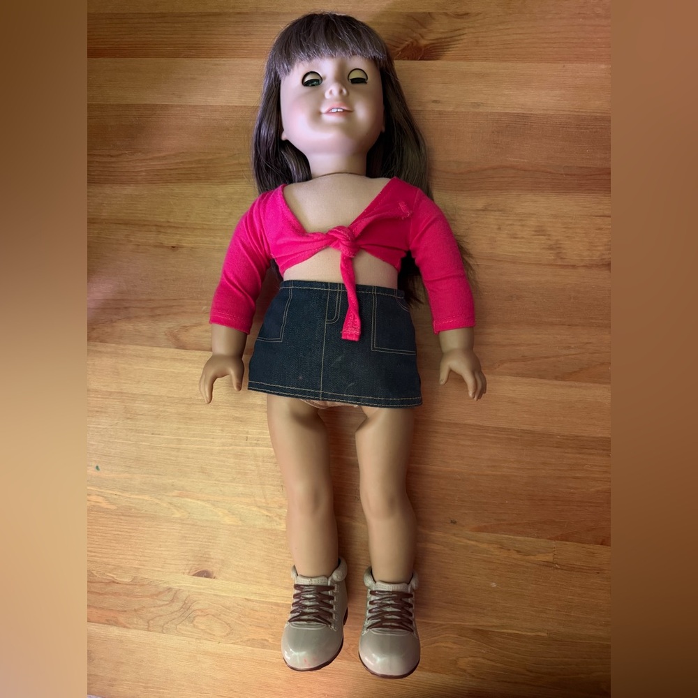 American Girl Hot Pink Tie-Front Top with Dark Denim Skirt‎ has some scratches